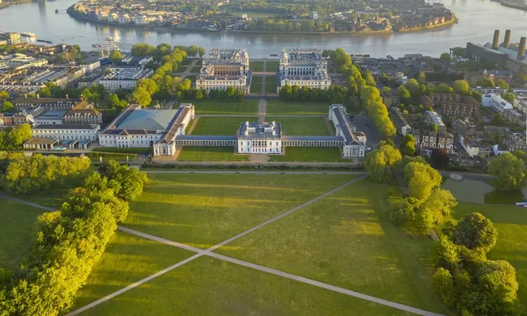 Aerial view of Docklands from above Greenwich Park